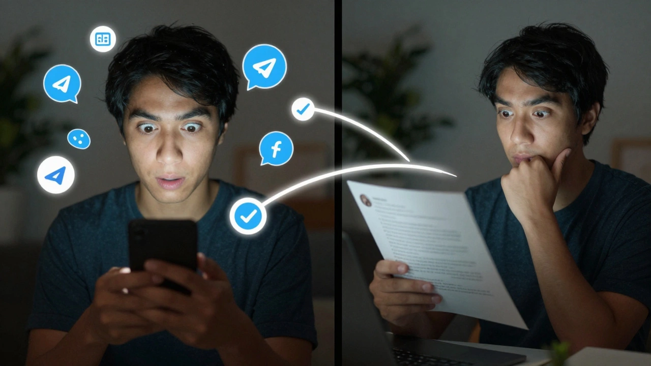 Человек смотрит на карусель и лонгрид в Telegram, рядом — значки сохранений и репостов.