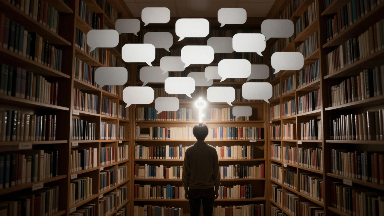 Человек в библиотеке чатов, где только организованные папки освещены, остальные в тени.