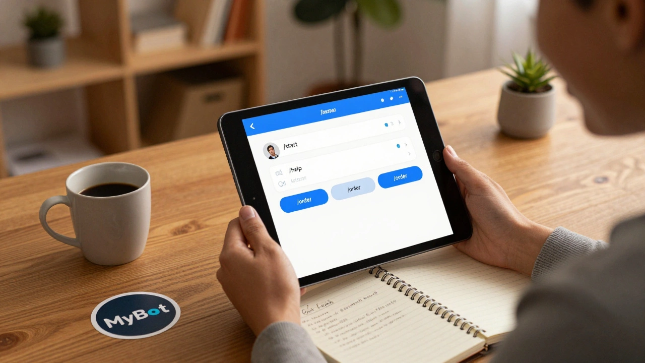 Человек взаимодействует с рабочим Telegram-ботом на планшете в уютном кабинете