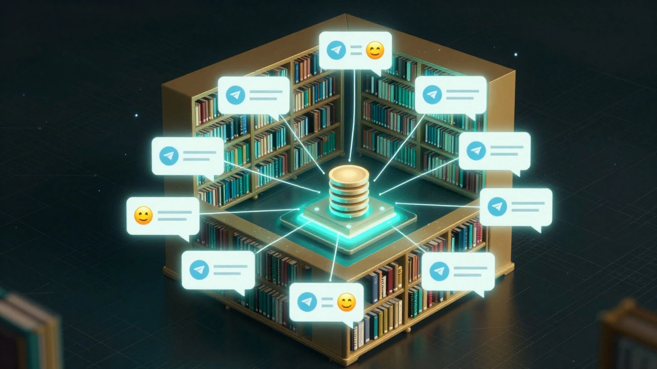 Цифровая архивная библиотека с плавающими сообщениями Telegram и эмодзи-реакциями, соединёнными световыми нитями с базой данных.