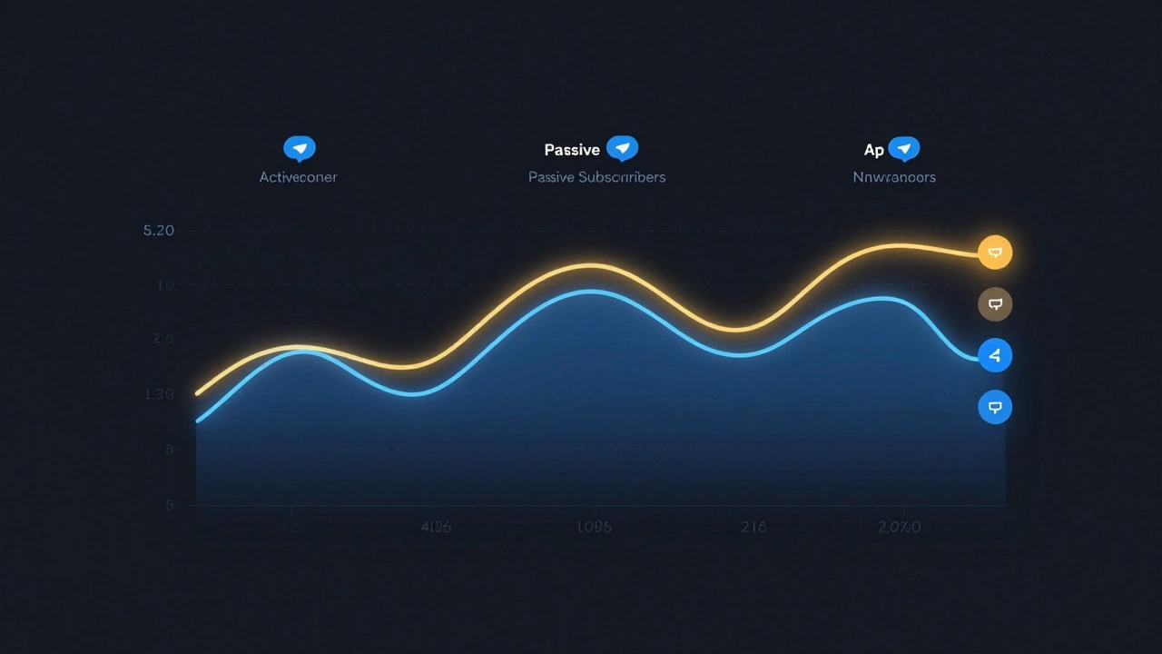 Цифровая панель с визуализацией трех сегментов аудитории Telegram: активные, пассивные и потенциальные клиенты.