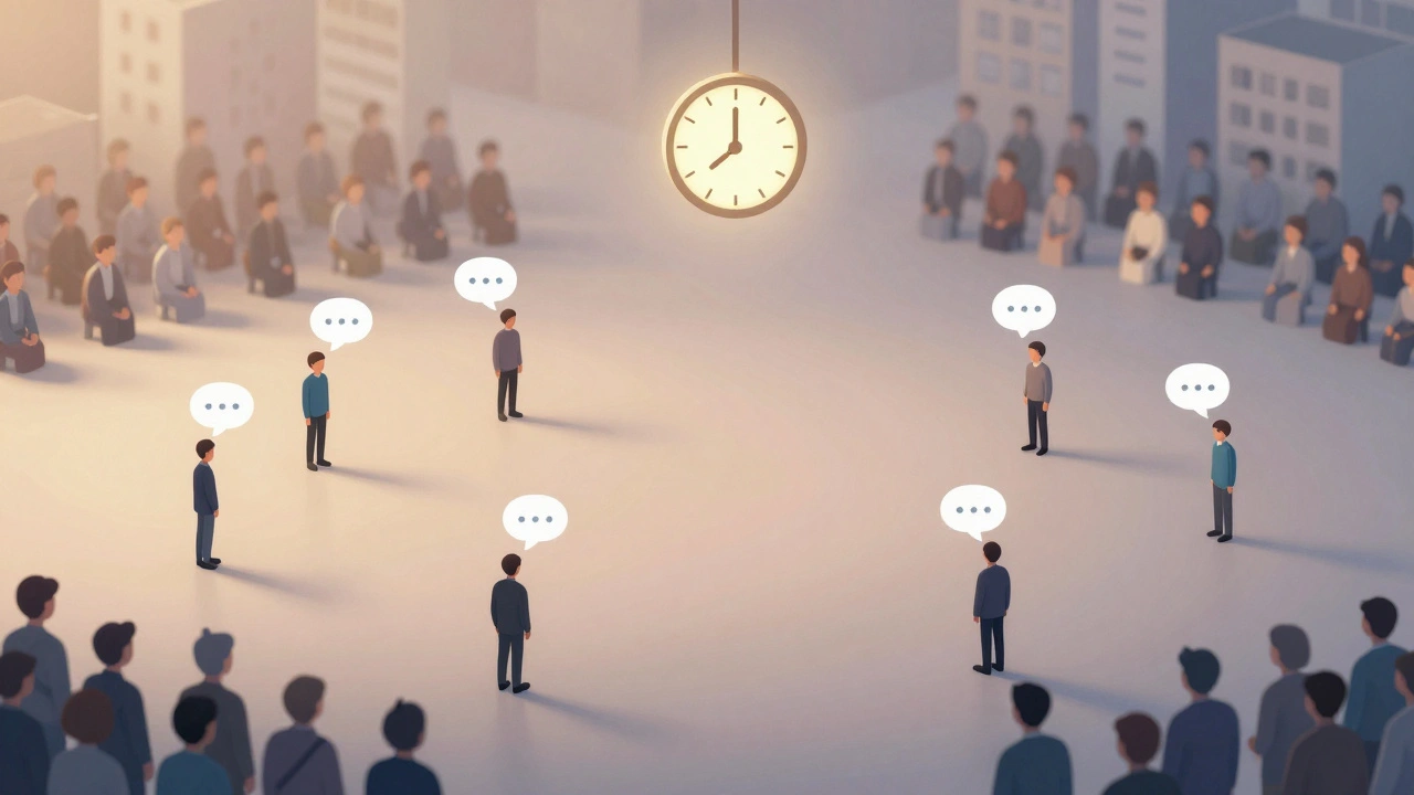 Цифровая площадь с пользователями, по очереди отправляющими сообщения с интервалом в одну минуту, символизирующая упорядоченное общение.