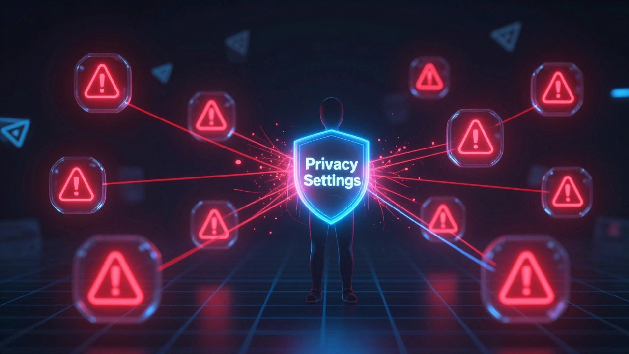 Цифровая сеть, где боты принудительно добавляют пользователей в спам-группы, а один пользователь защищен щитом настроек конфиденциальности.