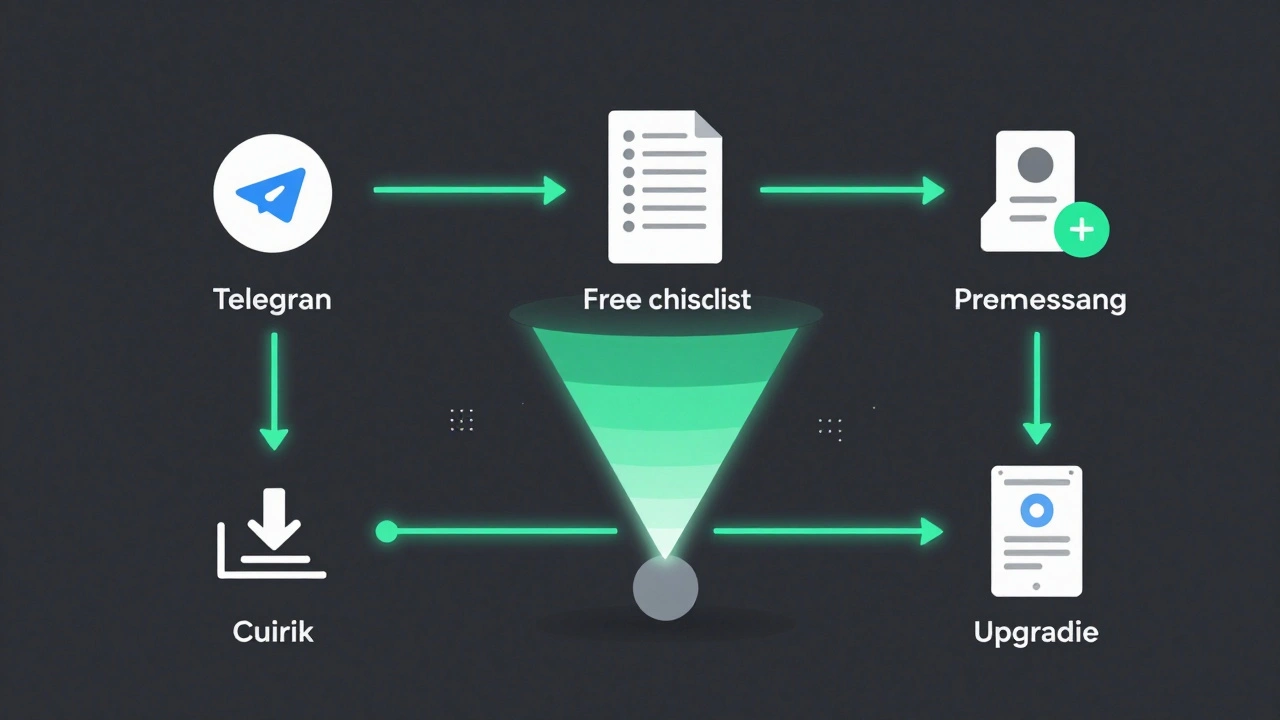 Цифровая схема пути пользователя через ретаргетинг в Telegram: клик → скачивание → ответ бота → покупка.