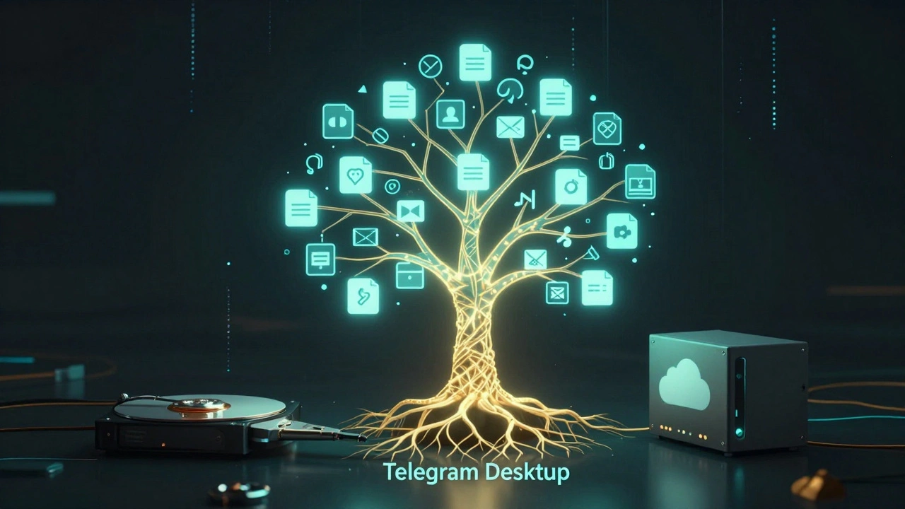 Цифровой архив в виде дерева из файлов, растущего из жесткого диска и облака.