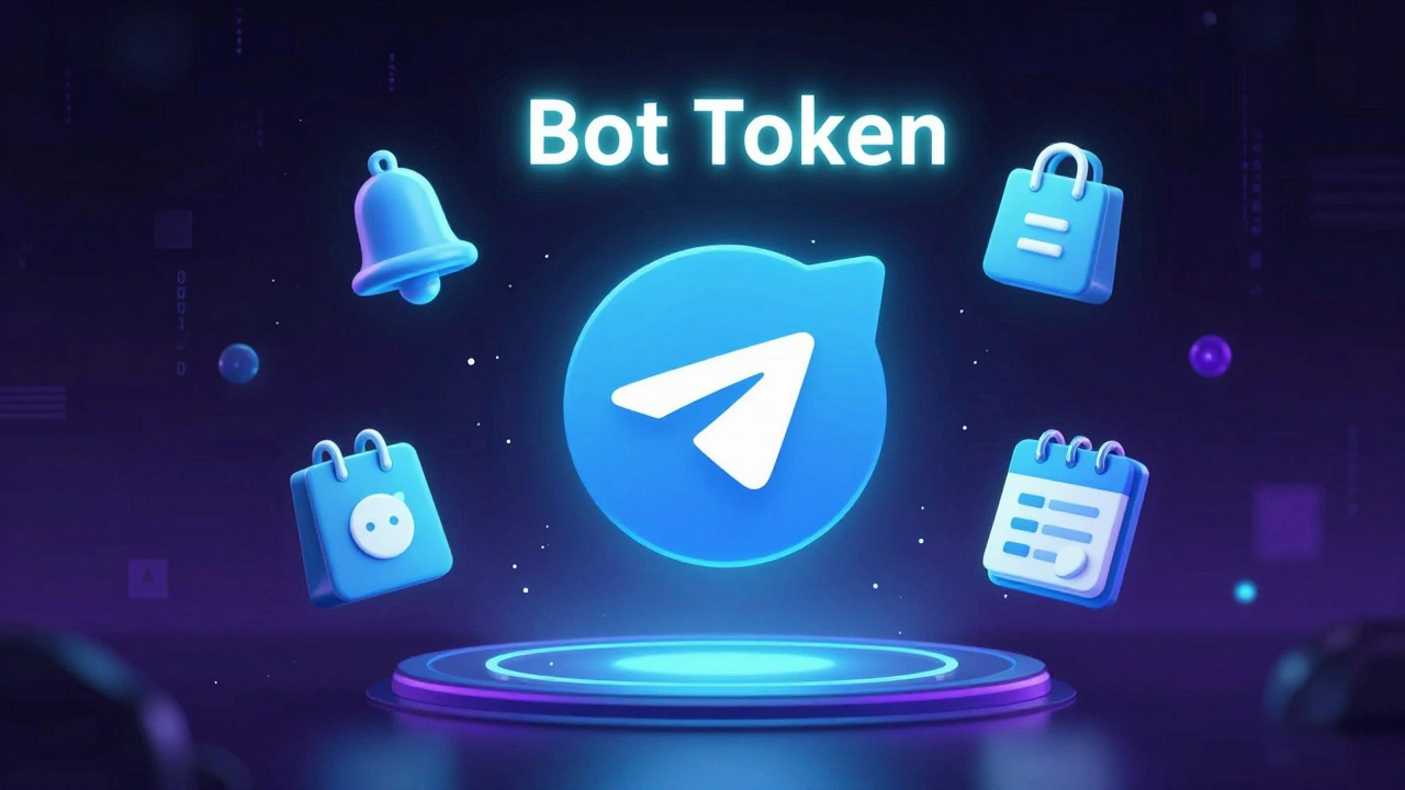 Цифровой ключ с токеном бота над логотипом Telegram, вокруг — иконки напоминаний, магазина и календаря.
