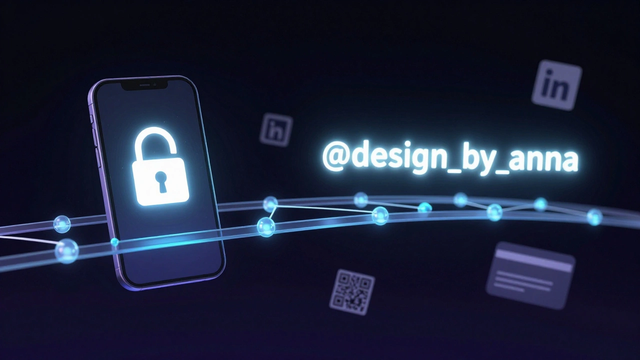 Цифровой мост между номером телефона и юзернеймом @design_by_anna с символами связей.