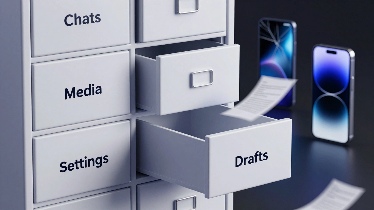 Цифровой шкаф с открытыми ящиками, один из которых пуст — метка 'Черновики'.