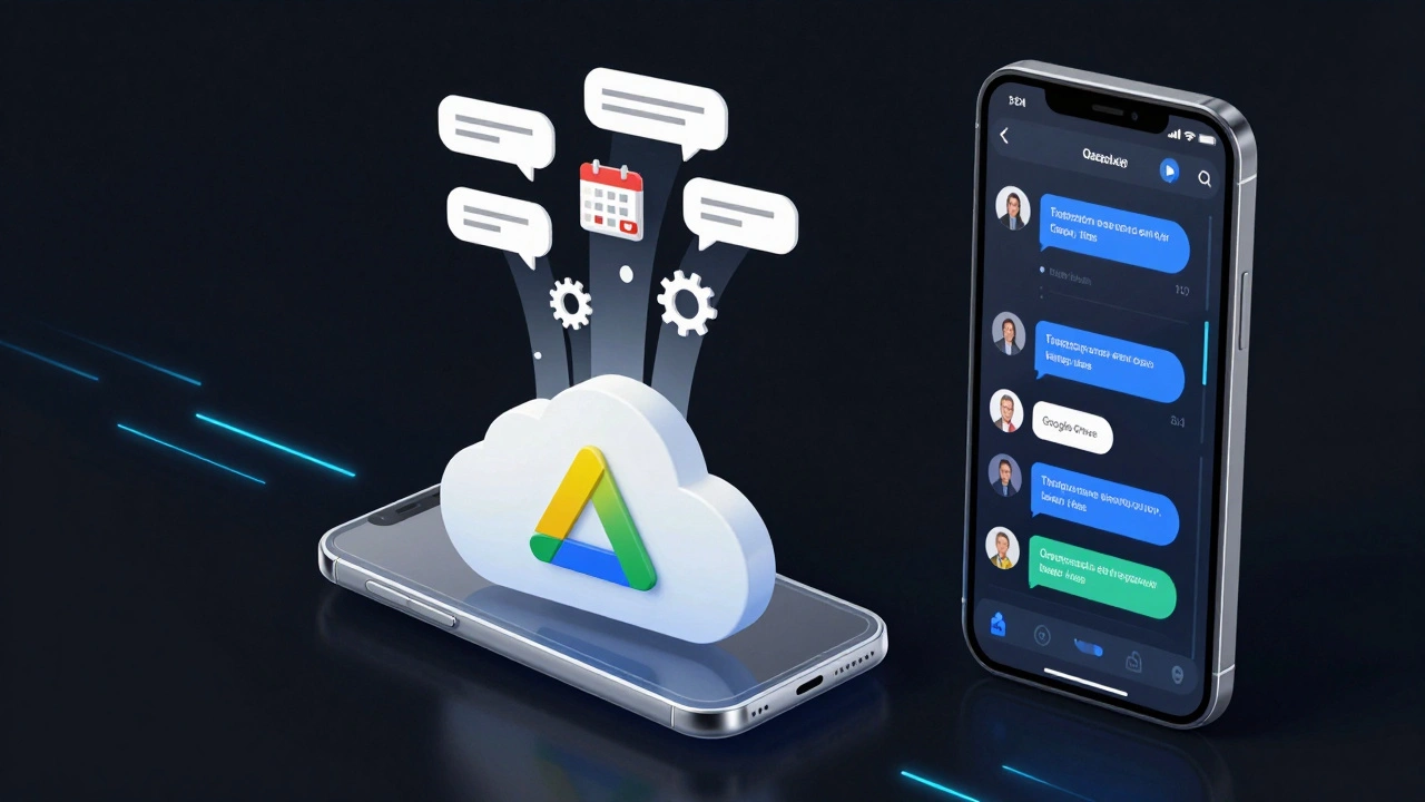 Цифровые данные текут из телефона в облако Google Drive, а другой телефон восстанавливает чаты.