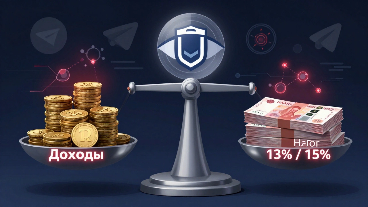 Цифровые весы сравнивают криптовалюту TON и налоговые рубли, над ними — символ налоговой службы.