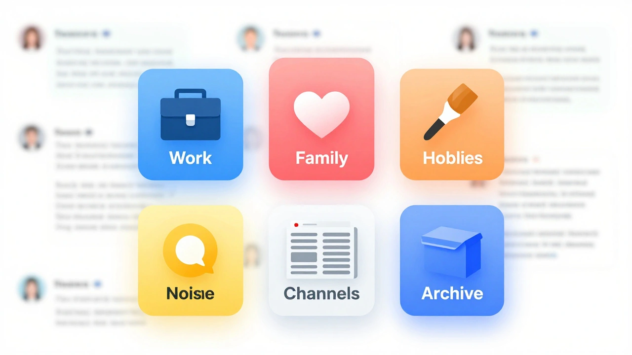 Чистый интерфейс Telegram с пятью цветными папками чатов, каждая с уникальной иконкой.
