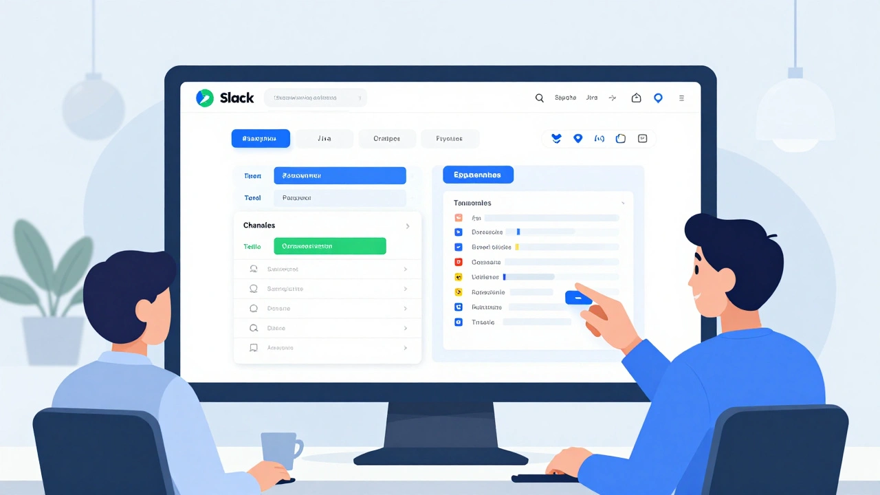 Чистый рабочий стол с интерфейсом Slack, где организованные каналы и автоматизированные процессы упрощают командную работу.