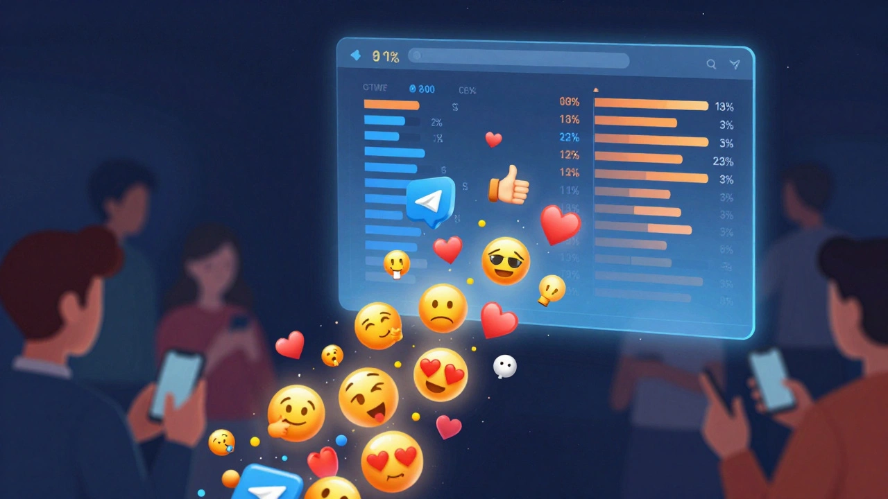 Цветные эмодзи поднимаются из чата Telegram к дашборду с диаграммами реакций участников.