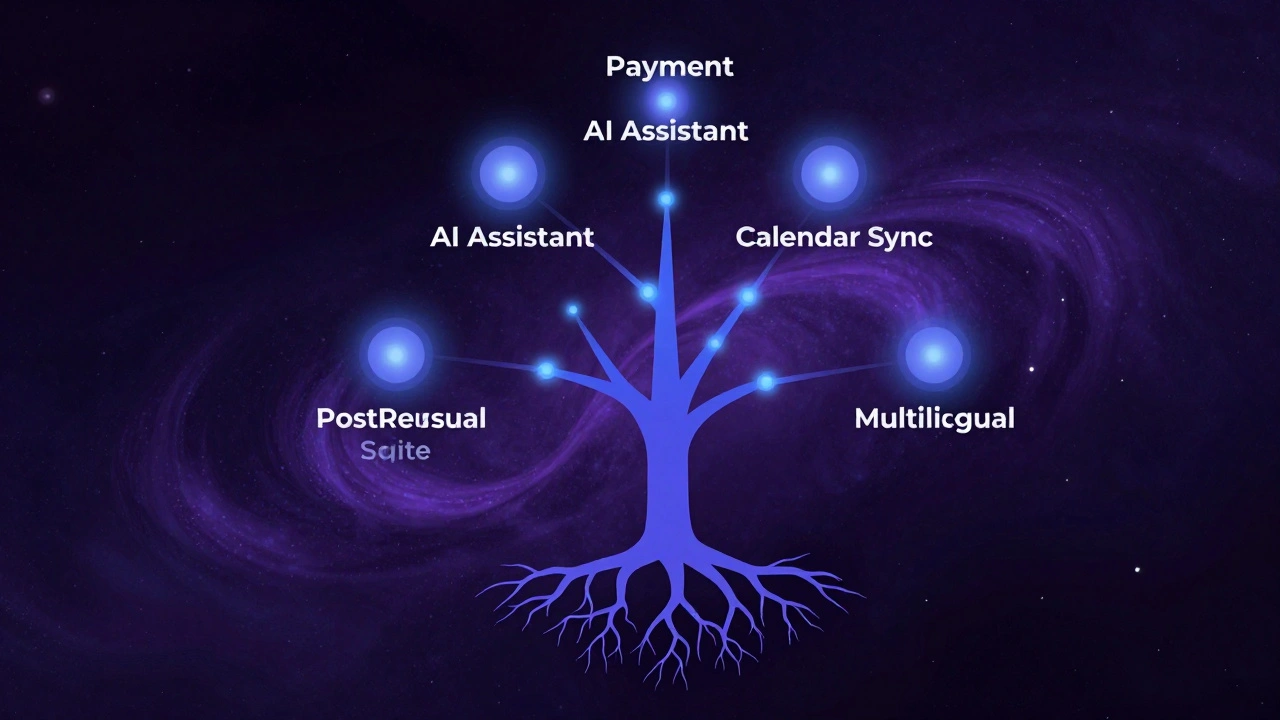Дерево архитектуры бота с растущими ветвями для платежей, ИИ и синхронизации календаря.