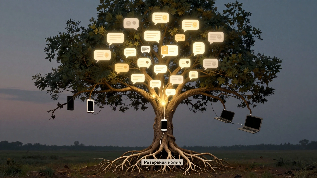 Дерево из устройств с восстановленными чатами как светящимися ветвями, соединяющимися с резервной копией.