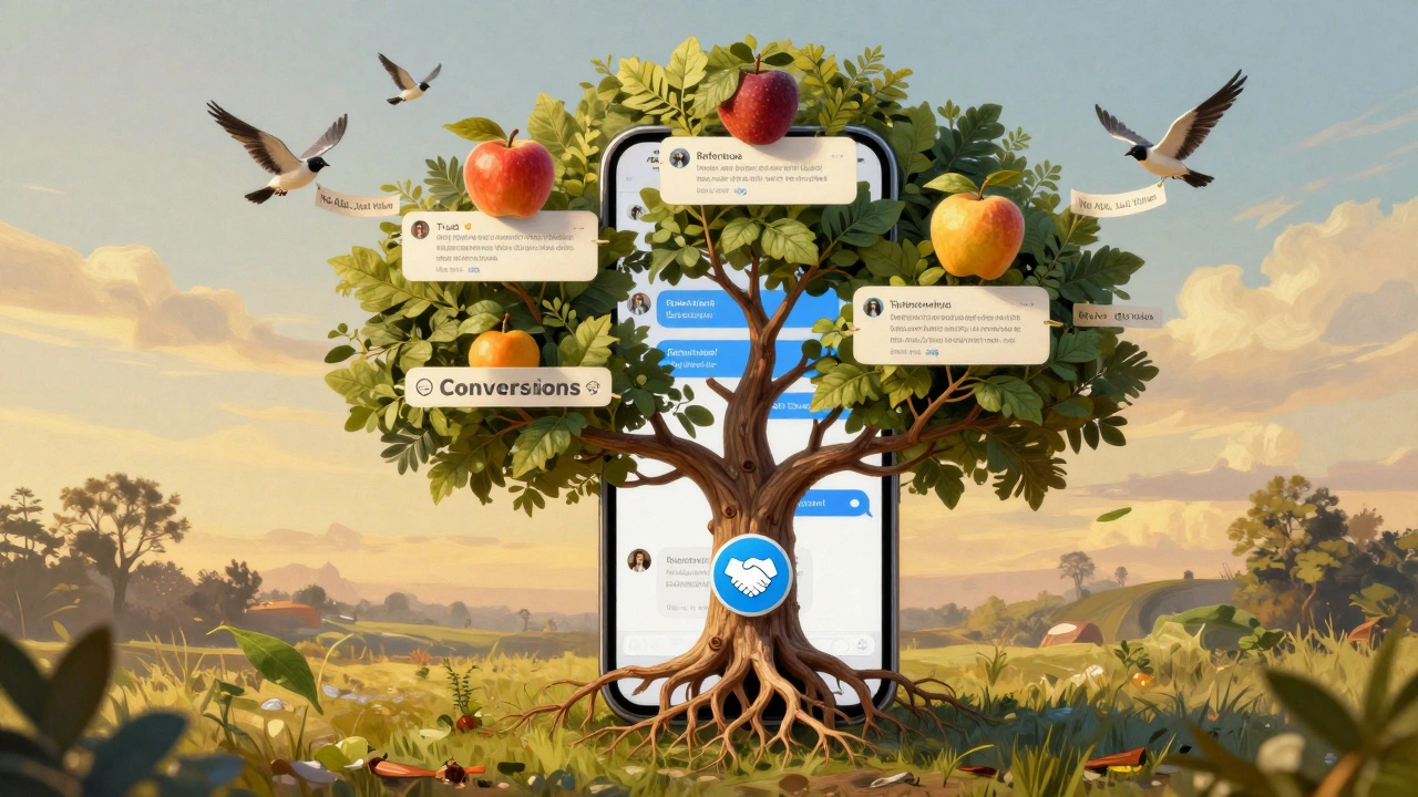 Дерево растет из телефона с Telegram, его плоды — доверие и конверсии, символизируя органический рост маркетинга.