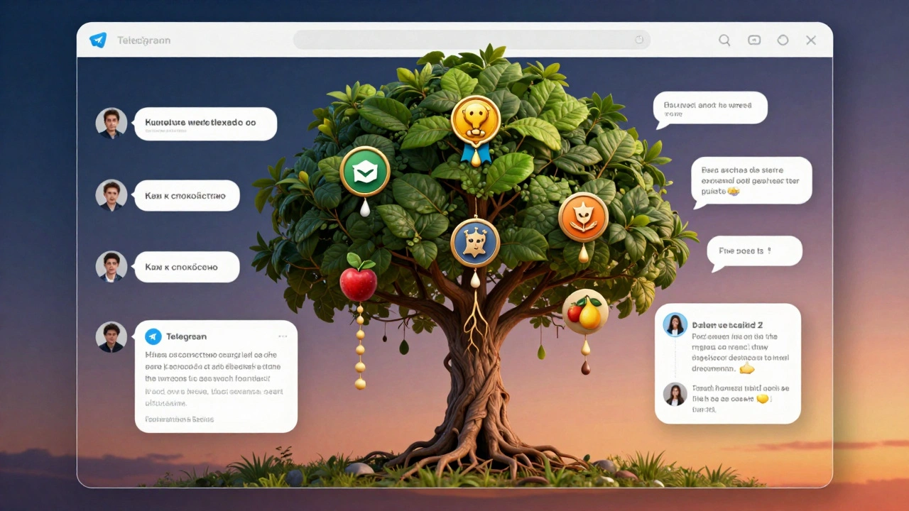 Дерево растёт в чате Telegram, его ветви — это игровые механики, а плоды — уникальные награды.