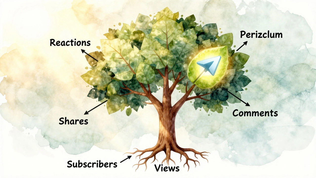 Дерево роста Telegram-канала с ветвями, символизирующими просмотры, реакции и пересылки.