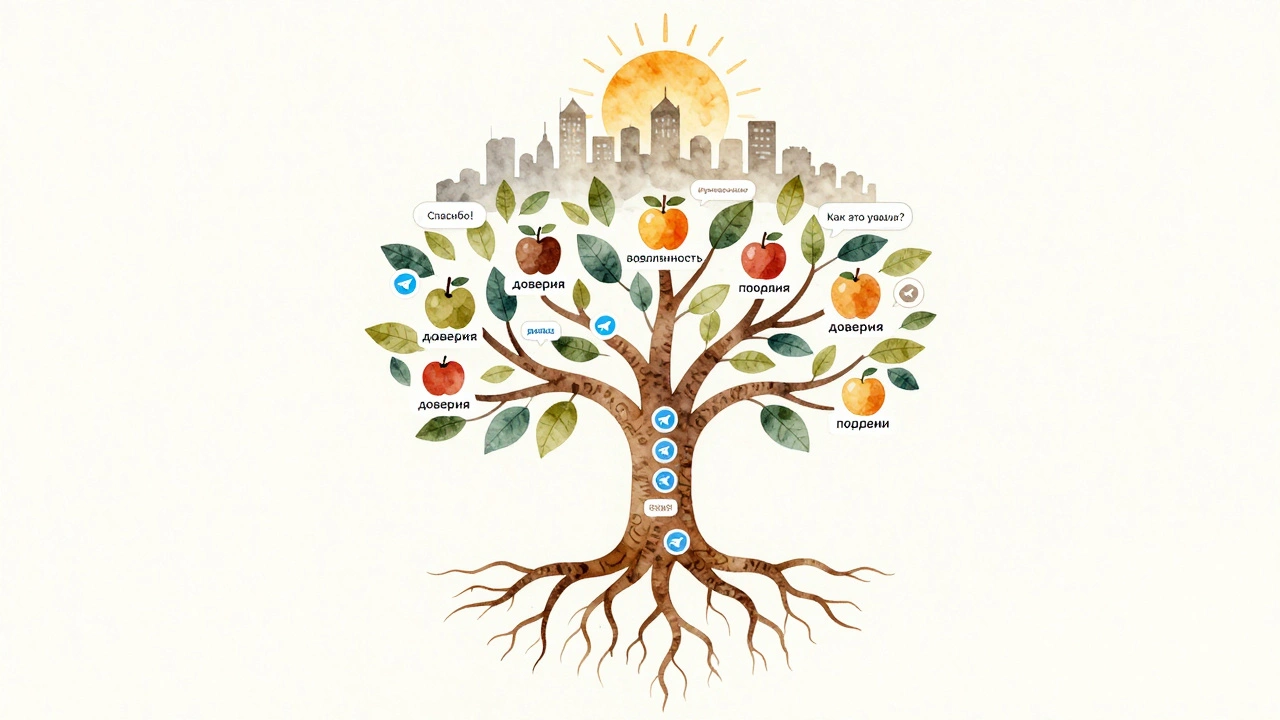 Дерево с корнями-логотипами Telegram и плодами, символизирующими доверие и продажи.