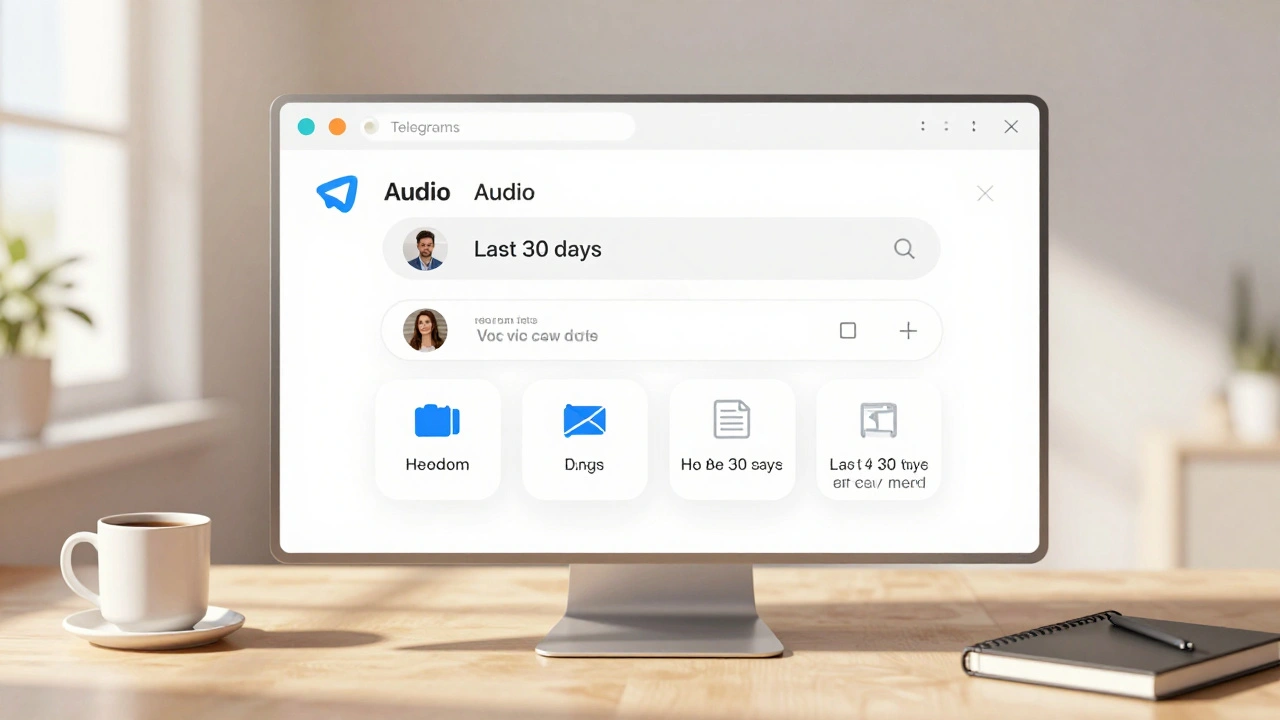 Десктопное окно Telegram с выбранными фильтрами аудио и даты.