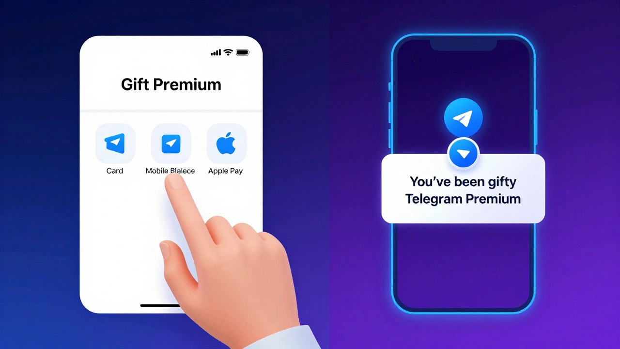 Два экрана: один показывает процесс покупки подарка, другой — уведомление о получении Premium.