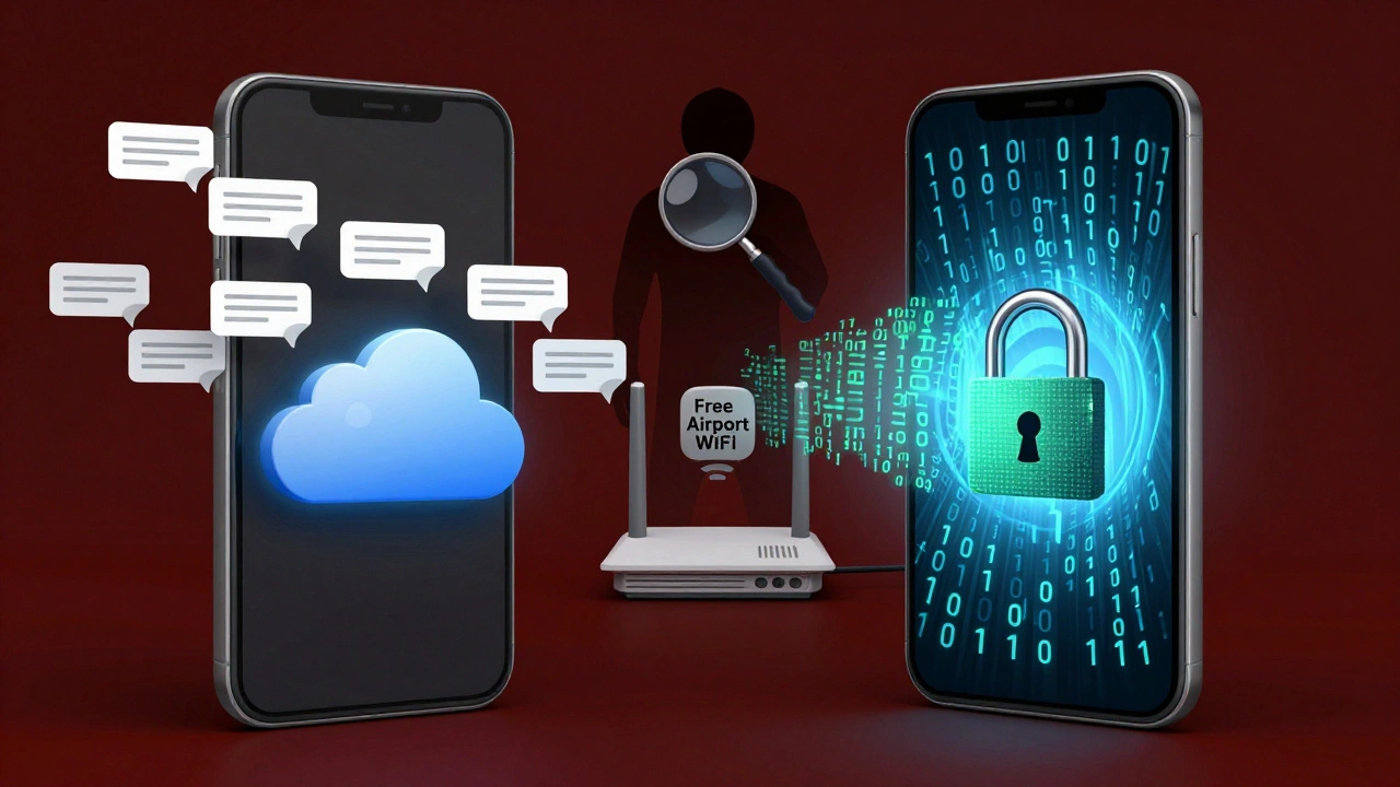 Два телефона: один с открытыми сообщениями, другой — в зашифрованном туннеле, за ними тень на фальшивой Wi-Fi точке.