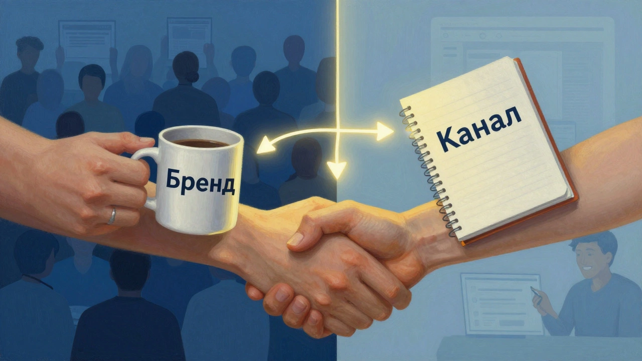 Две руки, соединённые световой нитью — бренд и канал, работающие как команда, доверие в центре.