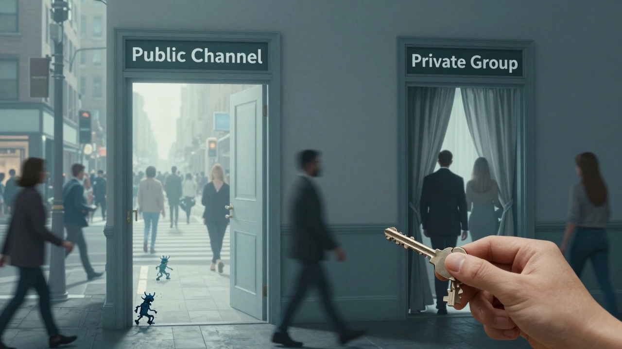 Дверь открытого канала на улице и скрытая дверь закрытой группы с ключом.