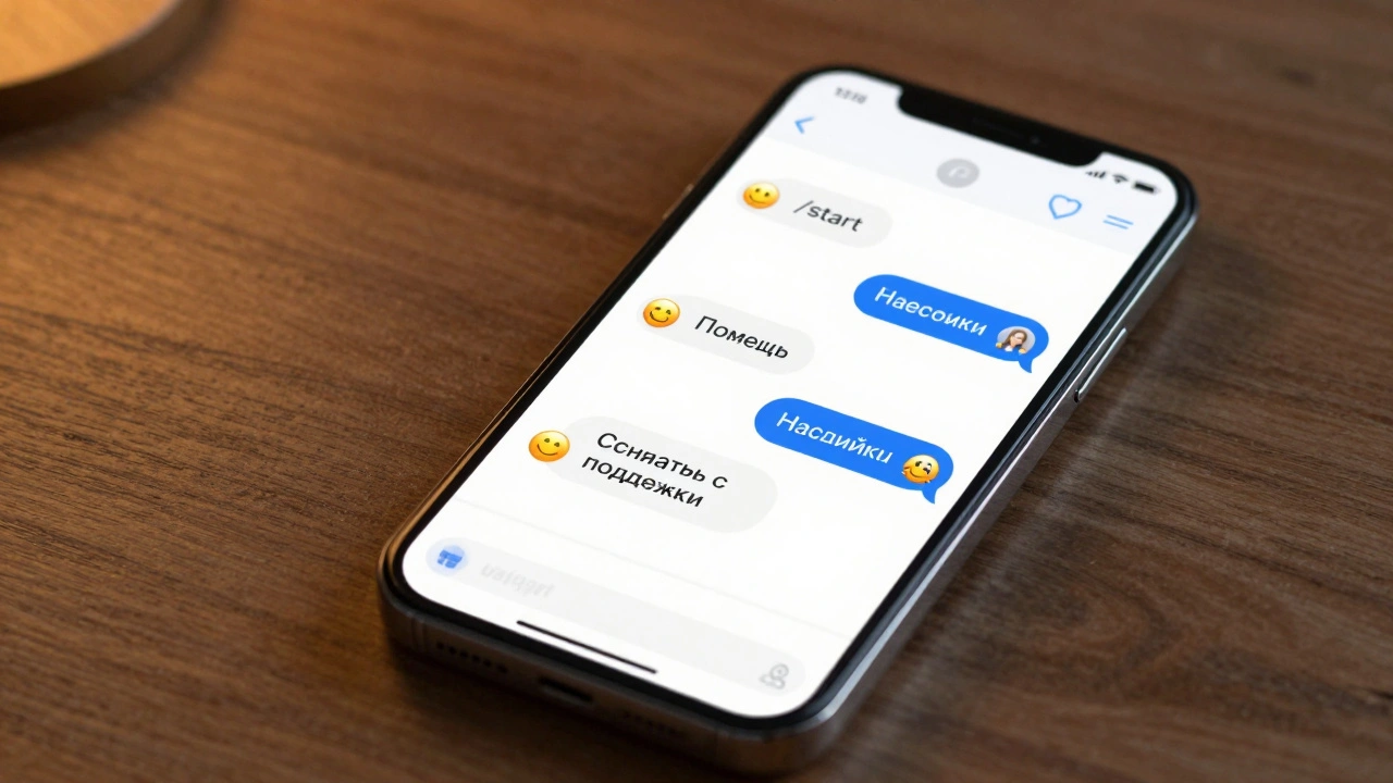 Экран смартфона с чатом Telegram, бот показывает кнопки выбора действий и отвечает на команду.