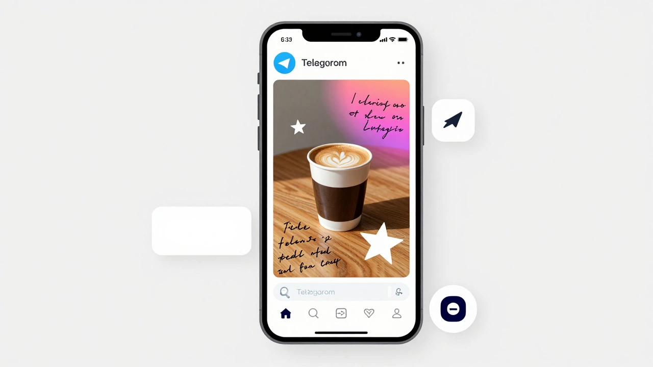 Экран телефона с редактируемой историей Telegram: фото кофе, текст и стикеры на фоне.