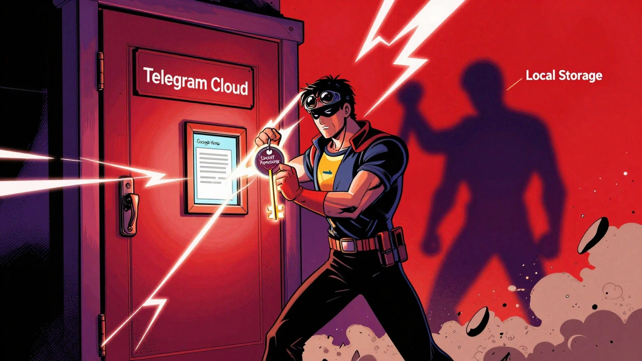 Герой с ключом перед дверью 'Telegram Cloud', позади разрушается 'Локальное хранилище'.