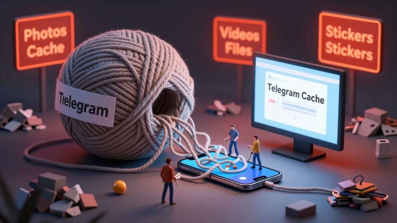 Гигантский клубок кэша Telegram, поглощающий телефон и компьютер, с людьми, пытающимися его распутать.