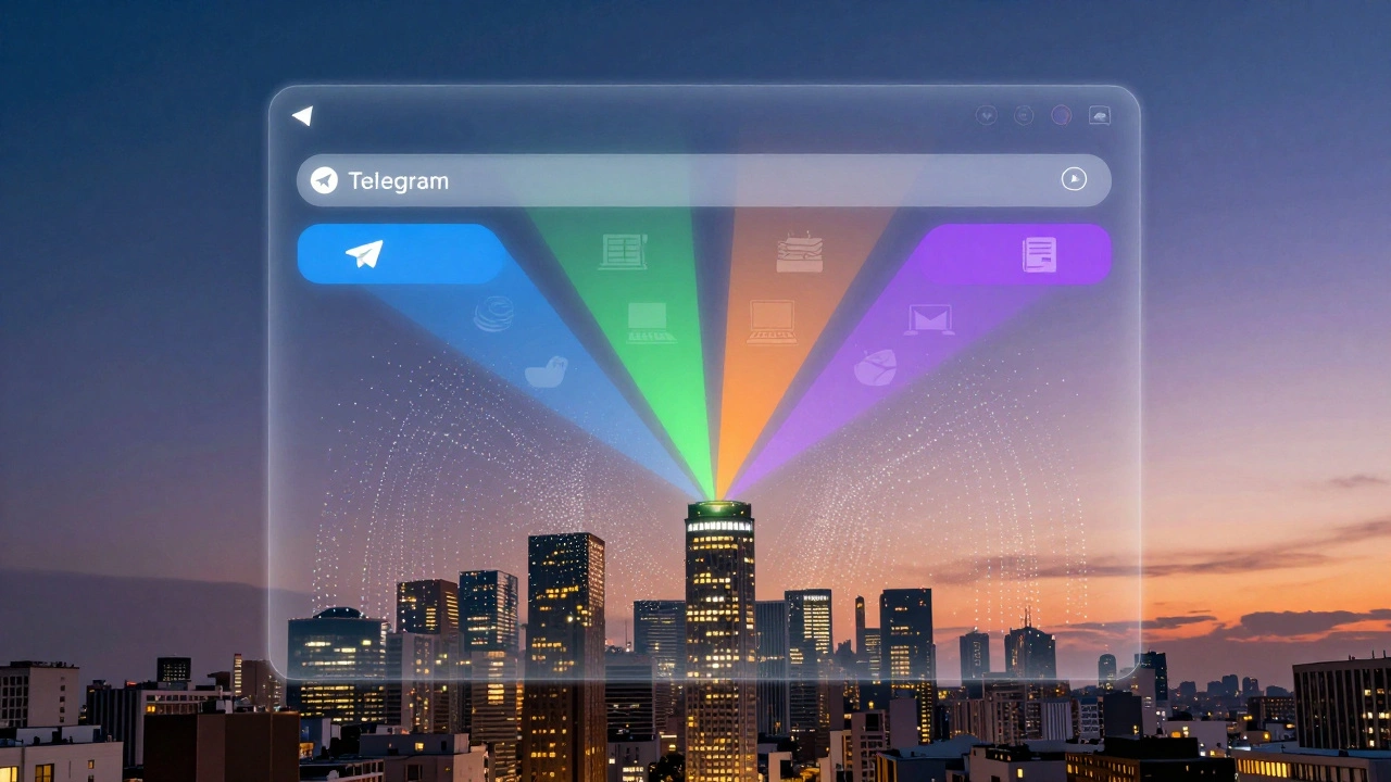 Гигантский опрос в Telegram над городом, тысячи голосов текут в виде цветных потоков в центр.