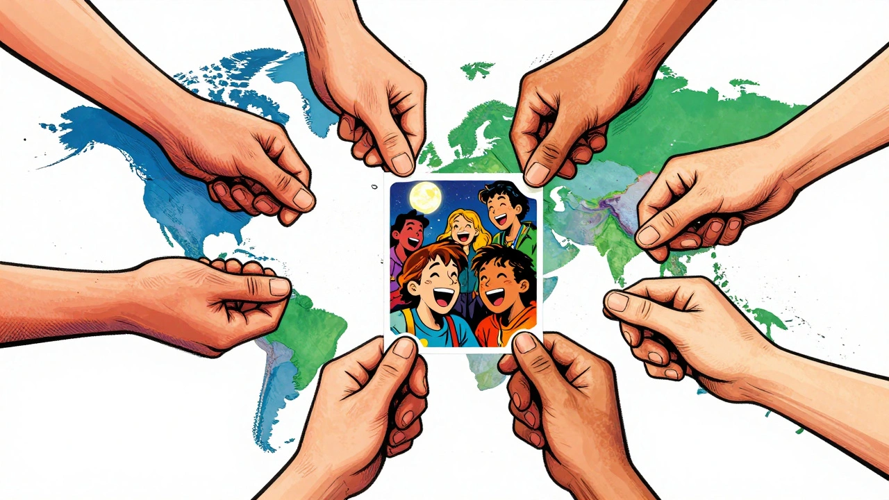 Глобальная цепочка рук добавляет детали к одному стикеру, который переходит от России к Бразилии и Японии.