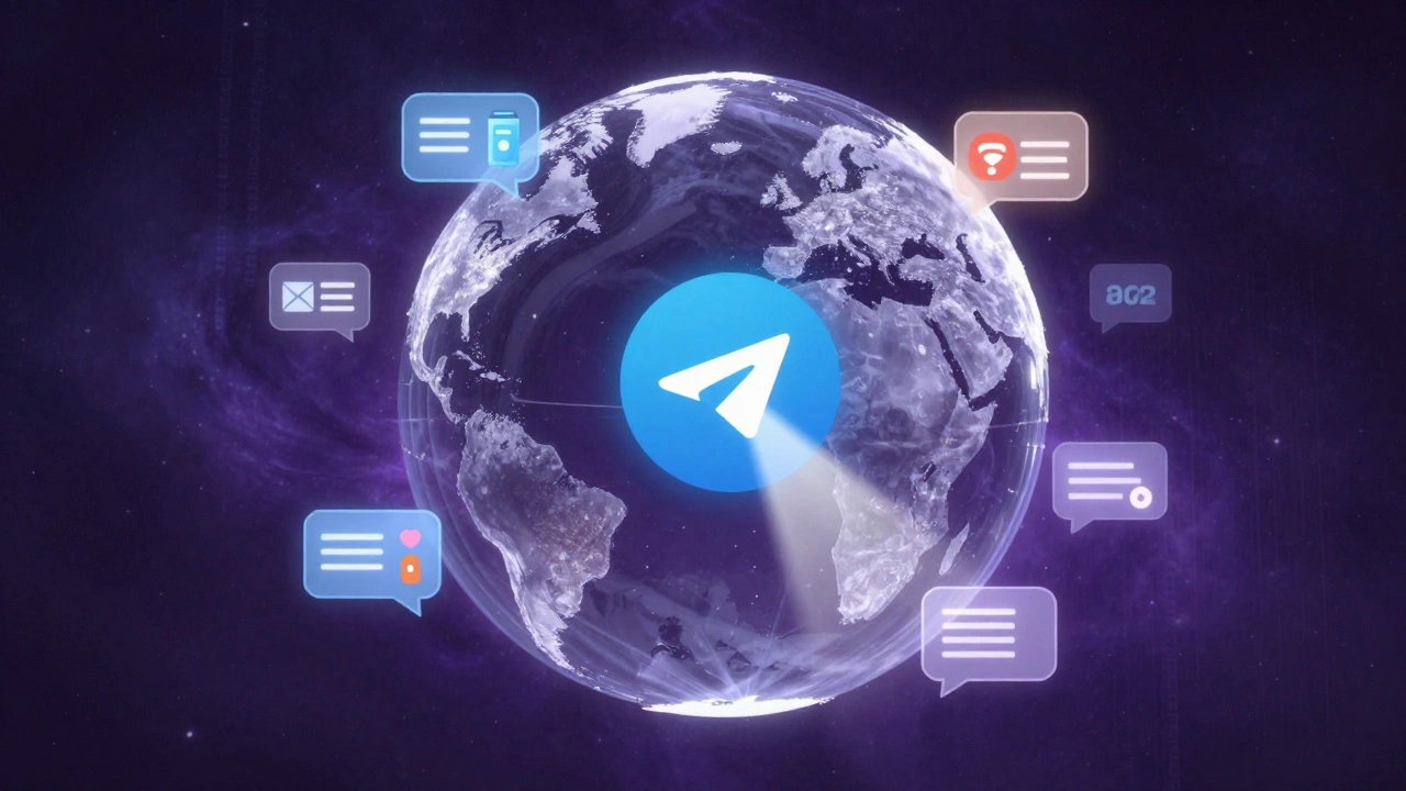 Глобальная сеть чат-пузырей с встроенными приложениями, соединённых лучом шифрования, символизирующая Telegram как операционную систему.