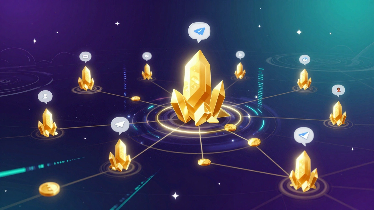 Глобальная сеть из золотых фрагментов соединяет пользователей через чаты TON, светящаяся и бесконечная.