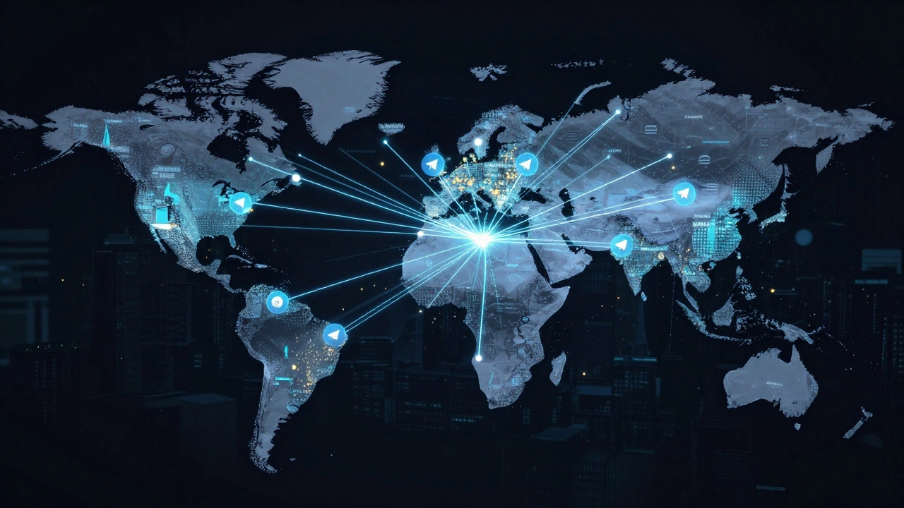 Глобальная сеть запланированных постов в Telegram, связывающая часовые пояса светящимися линиями.