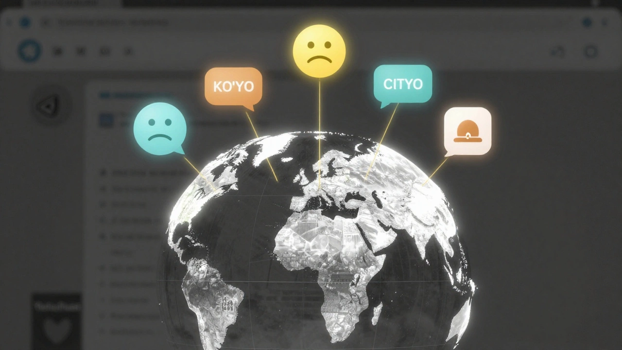 Глобальный шар с эмоциональными стикерами, соединёнными светящимися нитями над городами мира, символизируя культурный диалог.