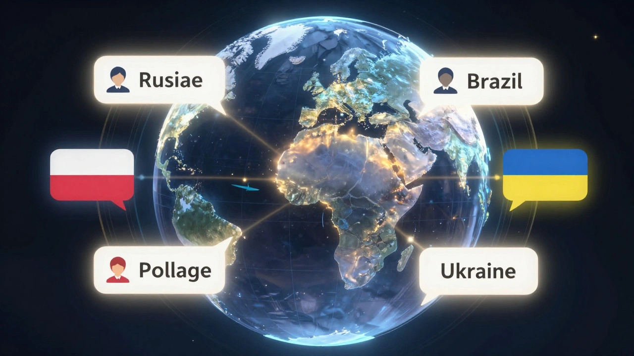 Глобус с световыми связями между людьми разных стран, символизирующий устранение языковых барьеров.