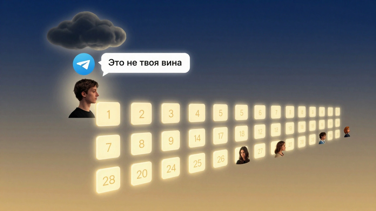 Гlowящий календарь в стиле Telegram, где 28 января облако депрессии рассеивается, а подписчики соединяются цепочкой.
