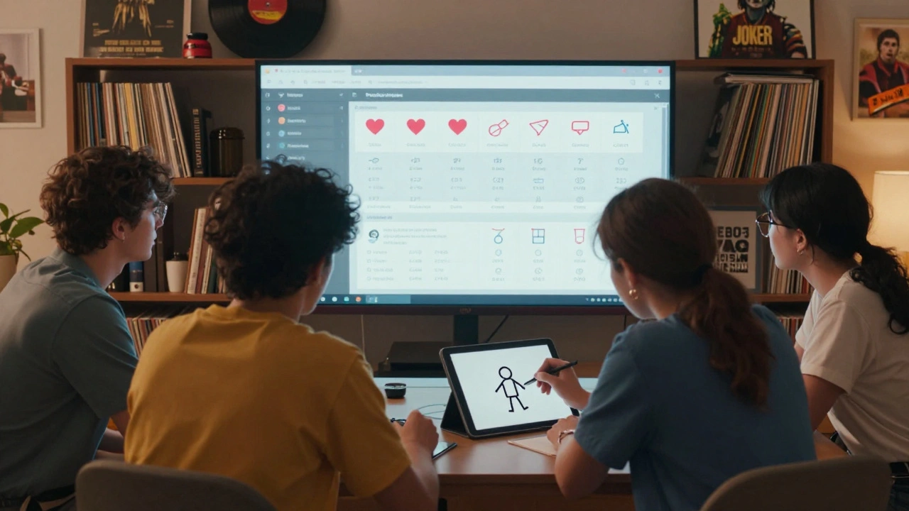 Группа людей смотрит на аналитику стикеров, один рисует простой эскиз на планшете.