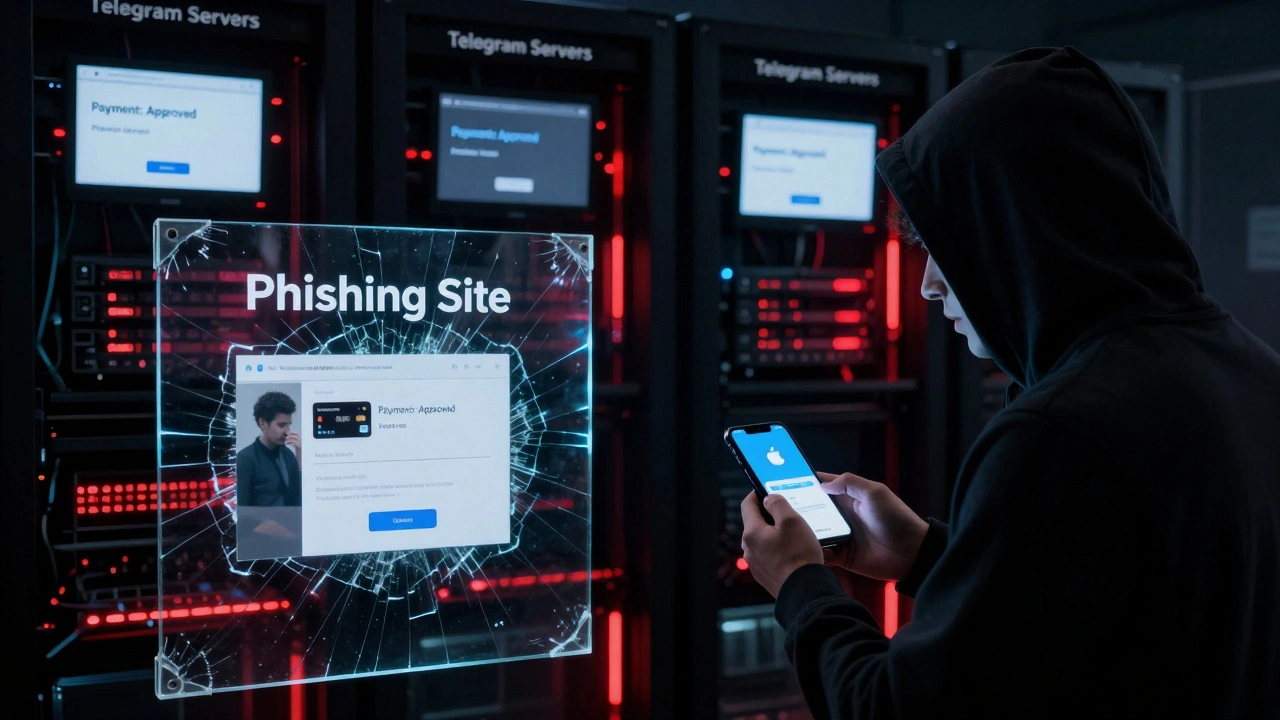 Хакер перед серверами Telegram, где нет данных карт, в то время как пользователь попадается на фишинг.