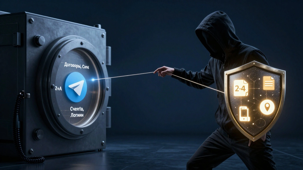 Хакер управляет аккаунтом Telegram через нити, а защита состоит из 2FA, блокировки файлов и проверки номера.