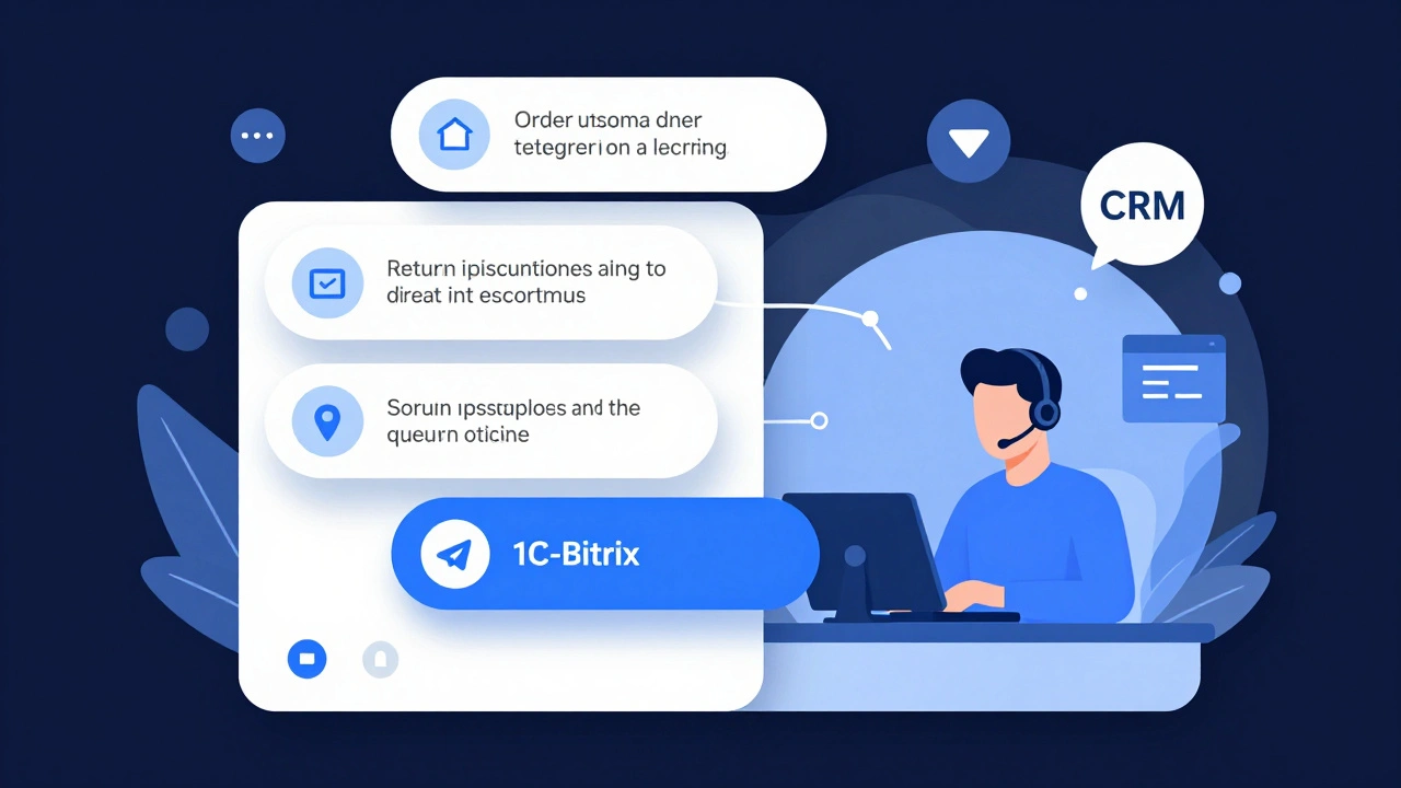 Интерфейс бота Telegram с чат-ботонами для отслеживания заказов и акций, связанный с оператором.