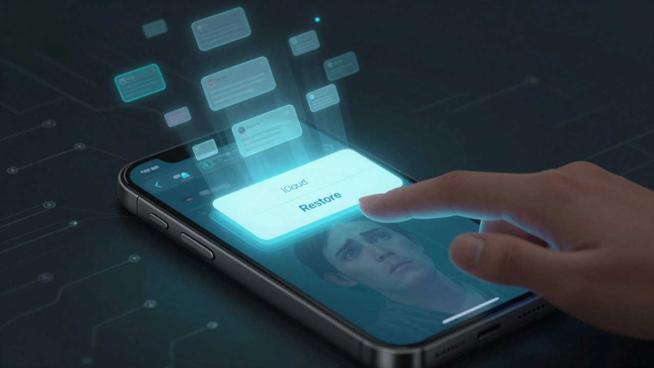 iPhone показывает восстановление чатов из резервной копии iCloud, с мигающими исчезающими сообщениями.