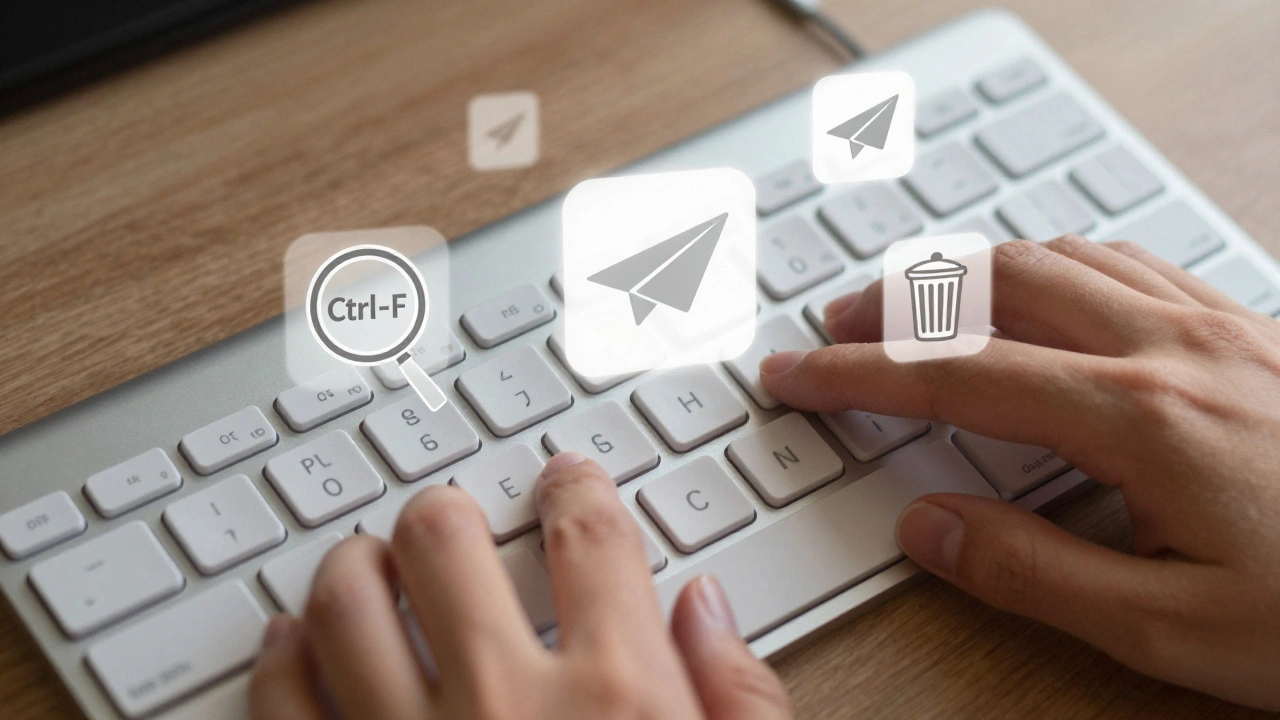 Клавиши клавиатуры с всплывающими значками горячих клавиш Telegram: поиск, отправка, удаление.