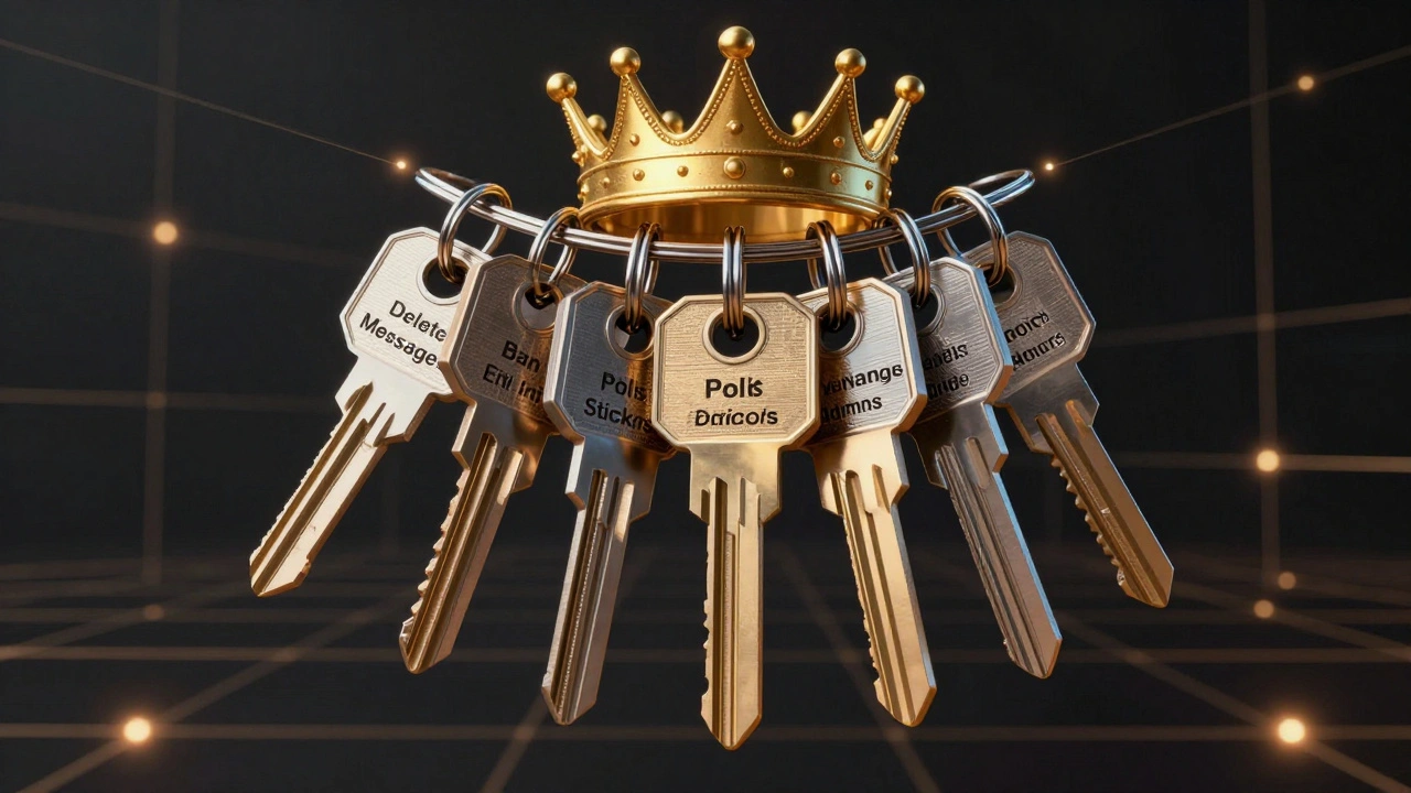 Ключи с символами прав администратора Telegram висят на короне, символизирующей владение группой.