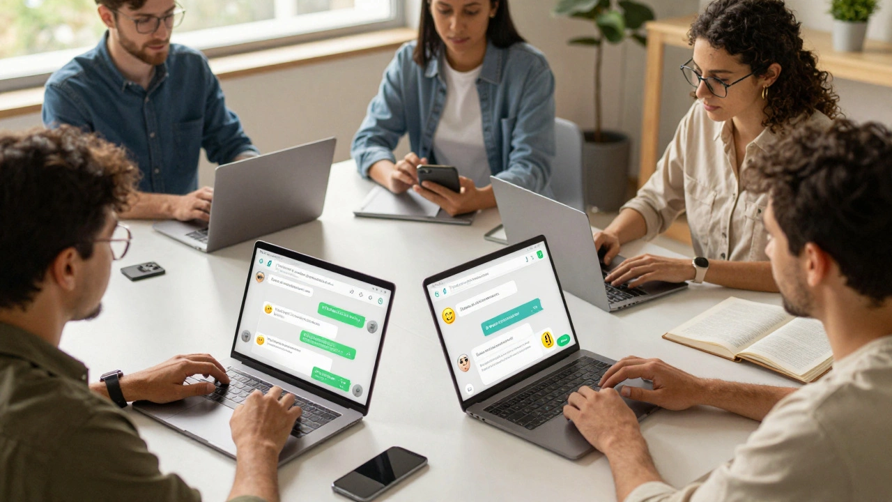Команда удалённой работы смотрит на свои устройства с реакциями на сообщения в Telegram.