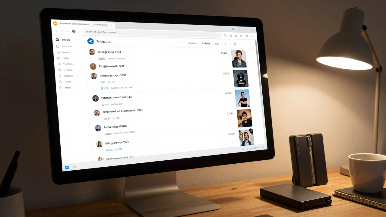 Компьютер с открытым архивом Telegram в браузере и внешними накопителями