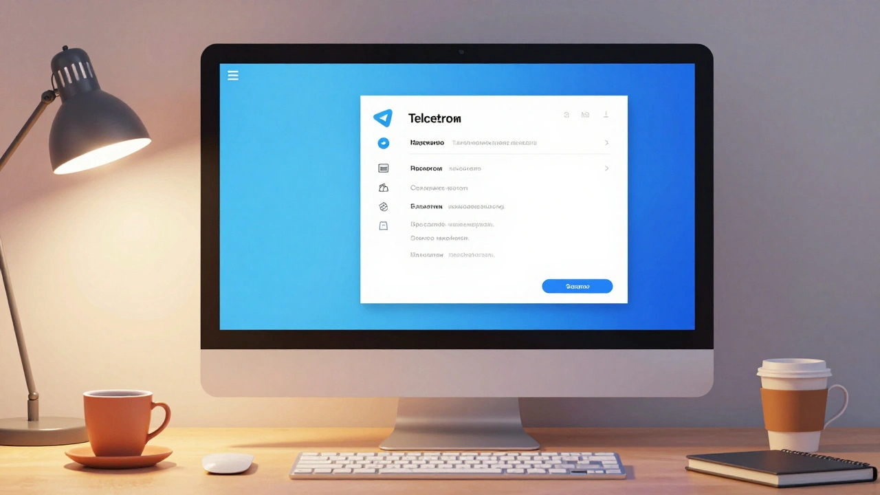 Компьютер с Telegram Desktop, панель настроек языка с русским языком, виден значок меню в левом верхнем углу.